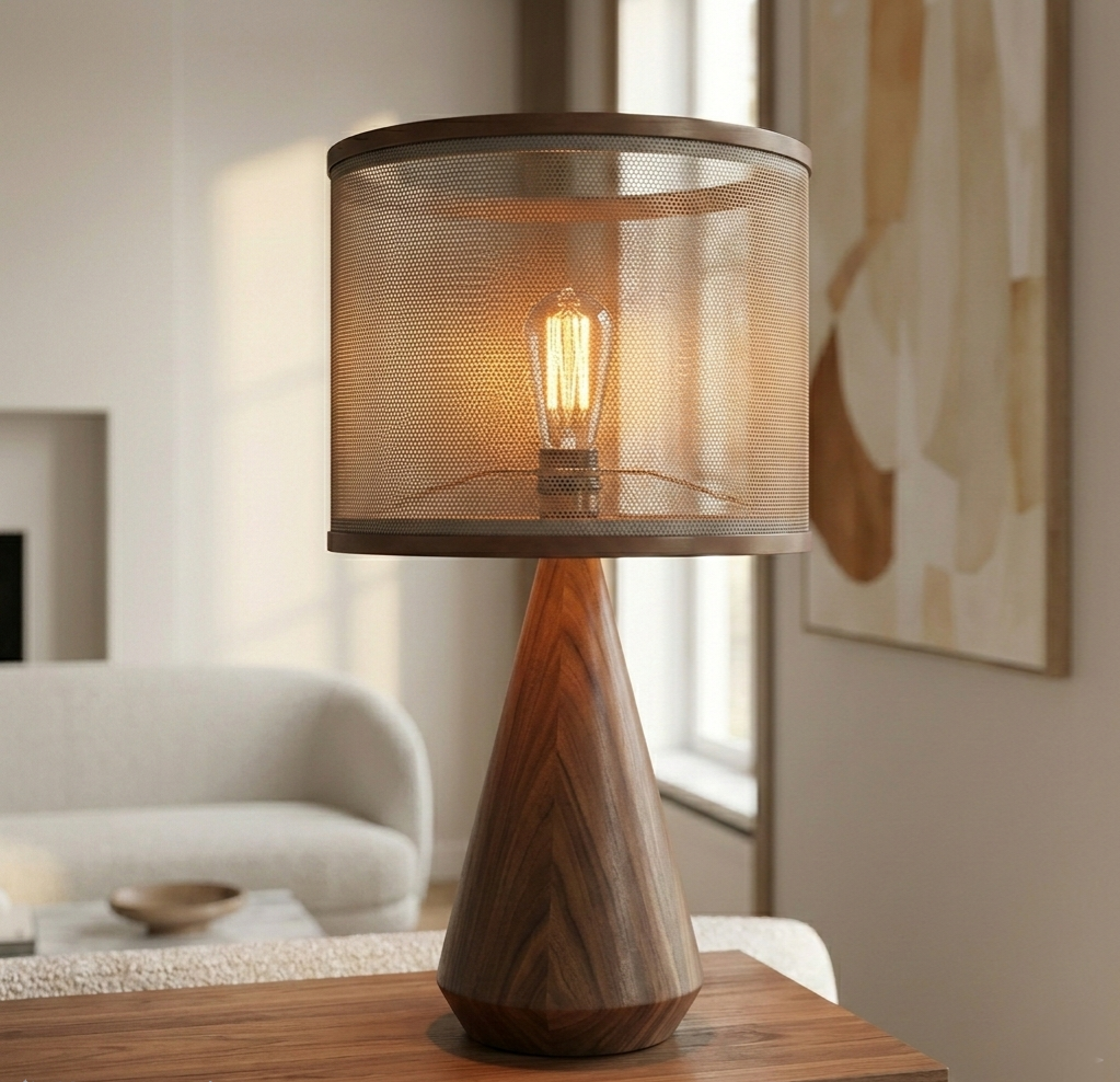 Garabe Conical Walnut Table Lamp – Straw Shade
